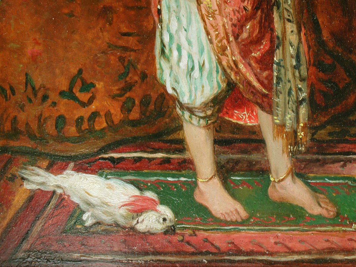 Francisco MIRALLES "Femme orientale au perroquet" huile sur panneau 32x23-photo-2